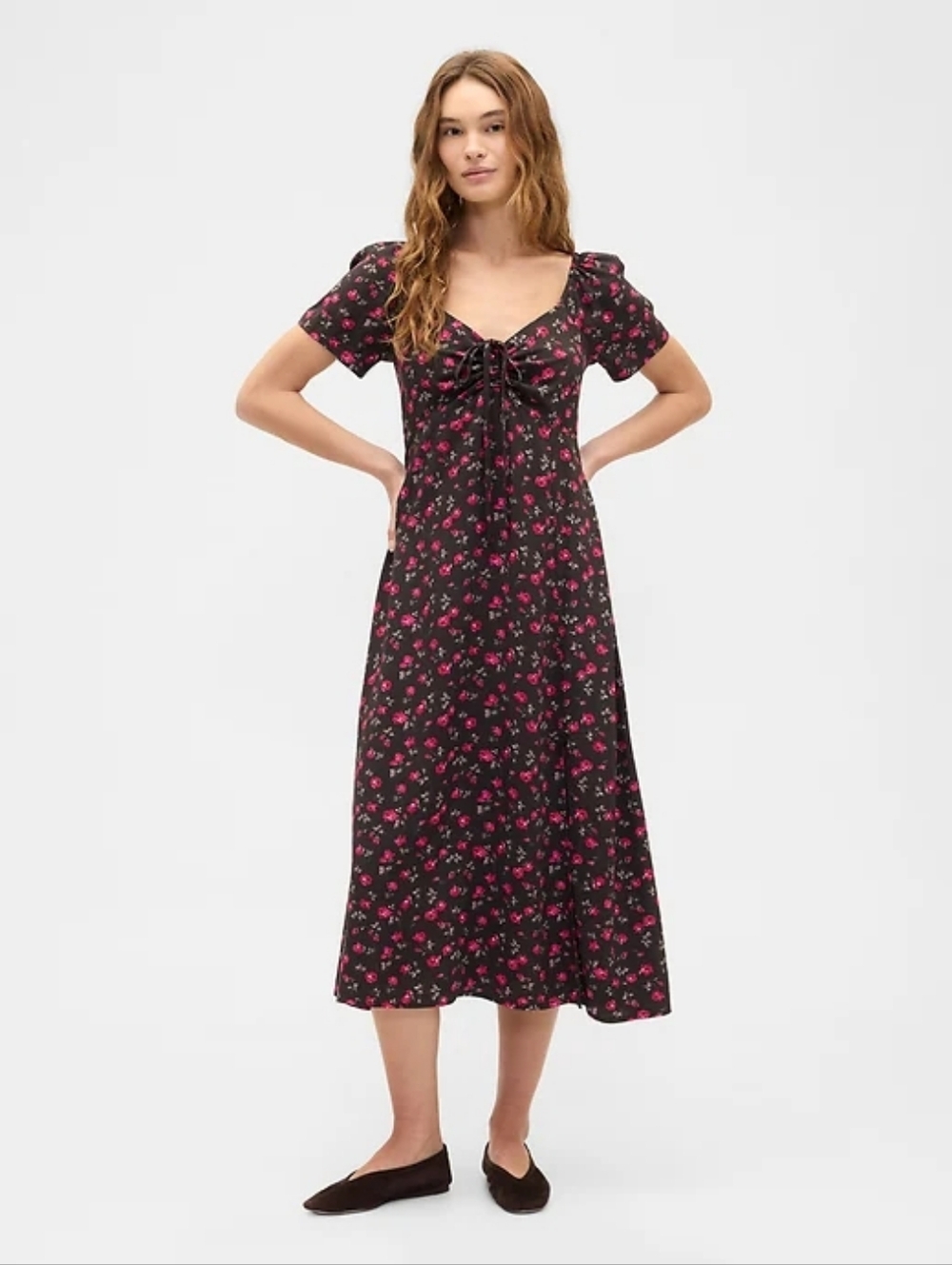 NWT - GAP Brown Floral Puff Short Sleeve Midi Dress - Size XXL - Picture 5 of 16